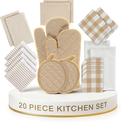 LANE LINEN 20-Piece Kitchen Dish Cloths Set - 100% Cotton, Heat-Resistant Mittens & Pot Holder, Absorbent Beige Towels