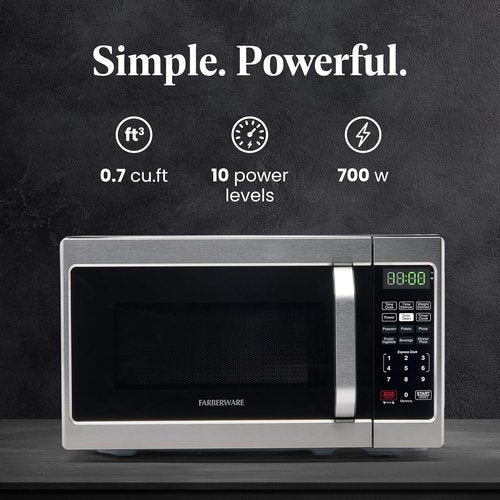 Farberware 0.7 Cu. Ft. Microwave Oven - 700 Watts, Auto Cook, Defrost, Easy Clean | Stainless Steel