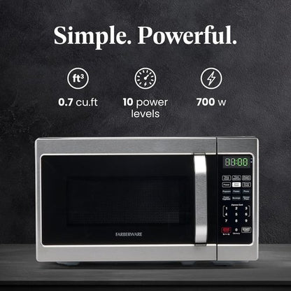 Farberware 0.7 Cu. Ft. Microwave Oven - 700 Watts, Auto Cook, Defrost, Easy Clean | Stainless Steel