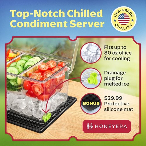Honeyera Chilled Condiment Server | Hosting Essentials for Up to 80 Oz of Ice | Mimosa Bar Supplies Drain Plug | BPA-Free Taco Bar/Salad Bar | Food-Safe Condiment Caddy (Parent) (Black, 1 Pack)