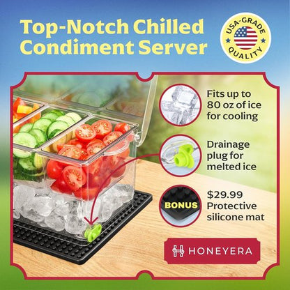 Honeyera Chilled Condiment Server | Hosting Essentials for Up to 80 Oz of Ice | Mimosa Bar Supplies Drain Plug | BPA-Free Taco Bar/Salad Bar | Food-Safe Condiment Caddy (Parent) (Black, 1 Pack)