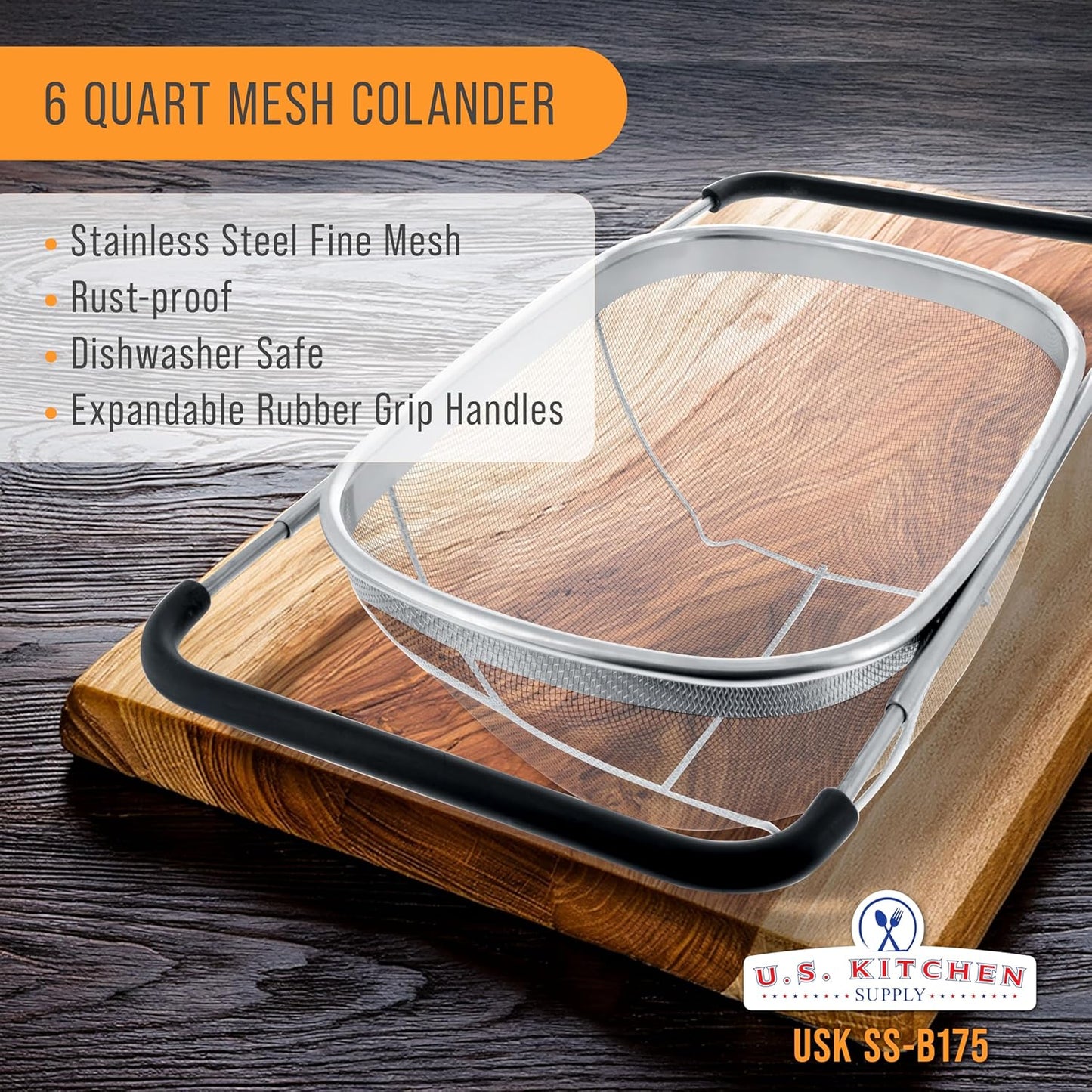 U.S. Kitchen Supply Stainless Steel Colander - 6-Quart Collapsible Design with Expandable Rubber Handles