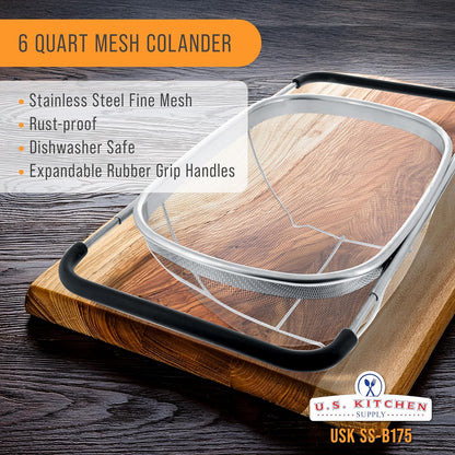 U.S. Kitchen Supply Stainless Steel Colander - 6-Quart Collapsible Design with Expandable Rubber Handles