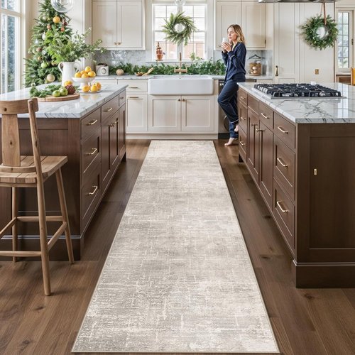 HY HAOYUNLAI Runner Rug - Soft Non-Slip Hallway Carpet with Rubber Backing | Washable Abstract Design (2'6"x12", Beige/Cream)