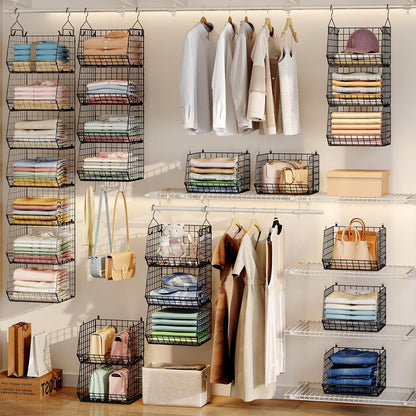 X-cosrack 7-Tier Foldable Hanging Closet Organizer - Wire Shelving with 4 Large Hooks & 5 S Hooks for Clothes & Handbags
