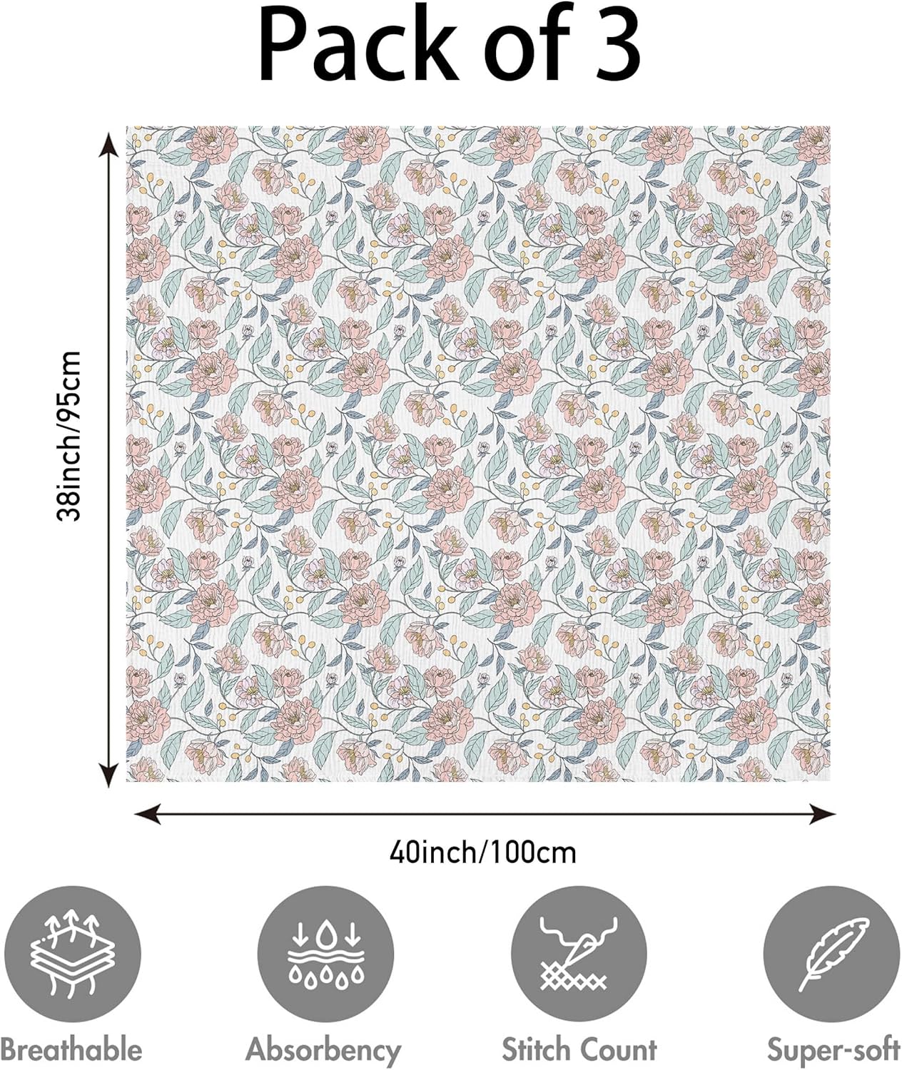 Skiennix Muslin Swaddle Blankets - 3 Pack Soft & Breathable Receiving Blankets | Large 38 x 40 Inches, Cute Flower Design