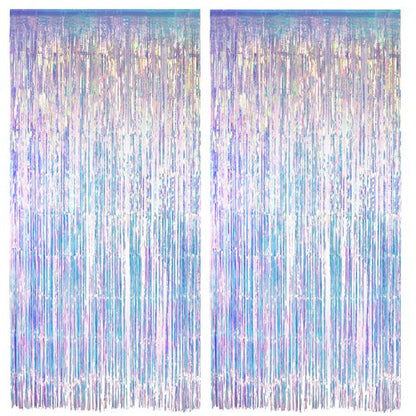 Iridescent Party Streamers Backdrop - GREATRIL Neon Transparent Holographic Tinsel Foil Fringe Curtain for Mermaid/Frozen/Sea/Euphoria/ERAS Party Theme Decorations 3.2ft x 6.5ft 2 PCS