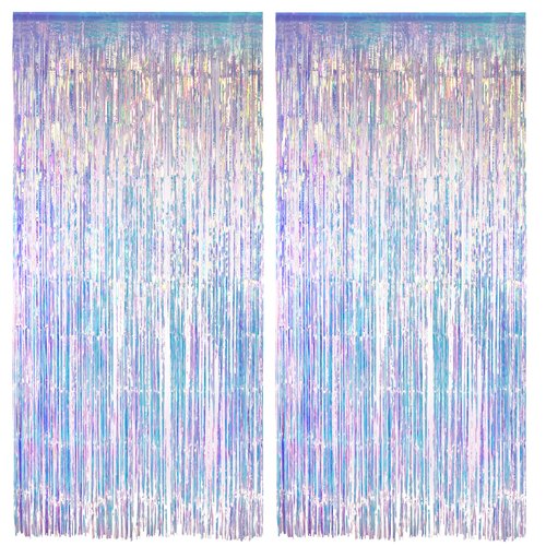 Iridescent Party Streamers Backdrop - GREATRIL Neon Transparent Holographic Tinsel Foil Fringe Curtain for Mermaid/Frozen/Sea/Euphoria/ERAS Party Theme Decorations 3.2ft x 6.5ft 2 PCS