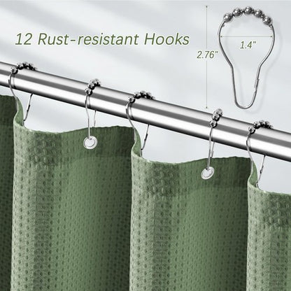 PANGSINNE Sage Green Shower Curtain - Waffle Weave Fabric Heavy Duty for Bathroom, Water Repellent Weighted 256GSM Hotel Quality Machine Washable Bath Curtains with 12 Hooks, 72Wx72H