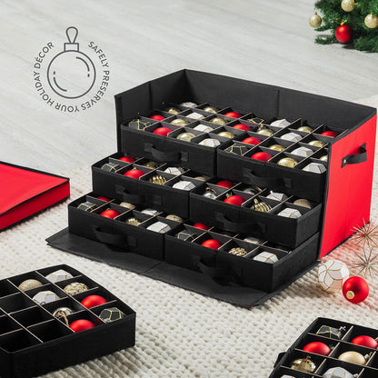 ZOBER Christmas Ornament Storage Box | Durable 600D Oxford Fabric - Holds 128 Ornaments in Drawer Trays - Red