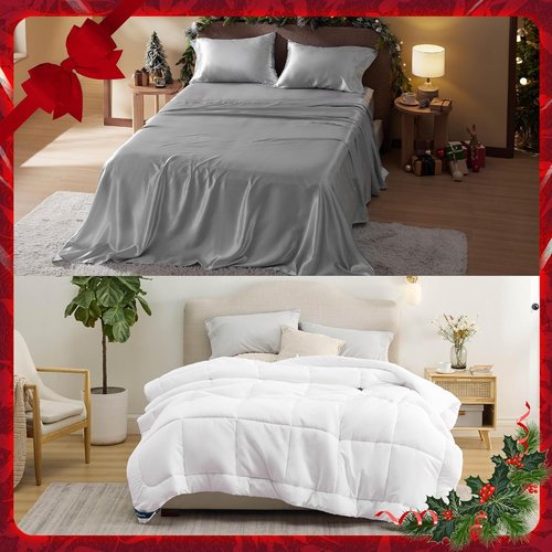 Bedsure Satin Sheets - Silver Grey Bundle with Comforter & Duvet Insert - Luxurious Bedding Set