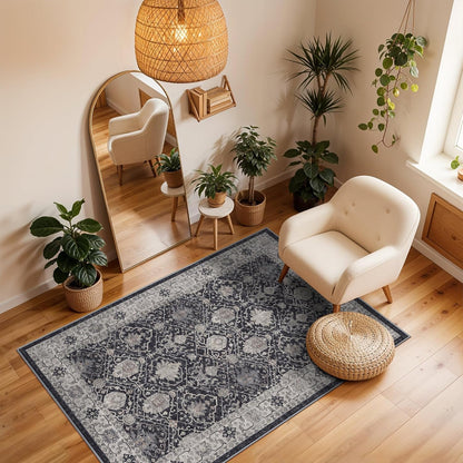 Skiennix Washable 3x4 Entryway Area Rug - Ultra Soft, Anti-Slip Low Pile Carpet for Indoor Use | Black