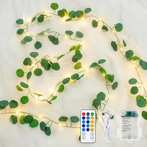 Eucalyptus Garland with 40 LED Fairy Lights - Lighted Greenery Vine with Remote & Timer, IP44 for Home Decor