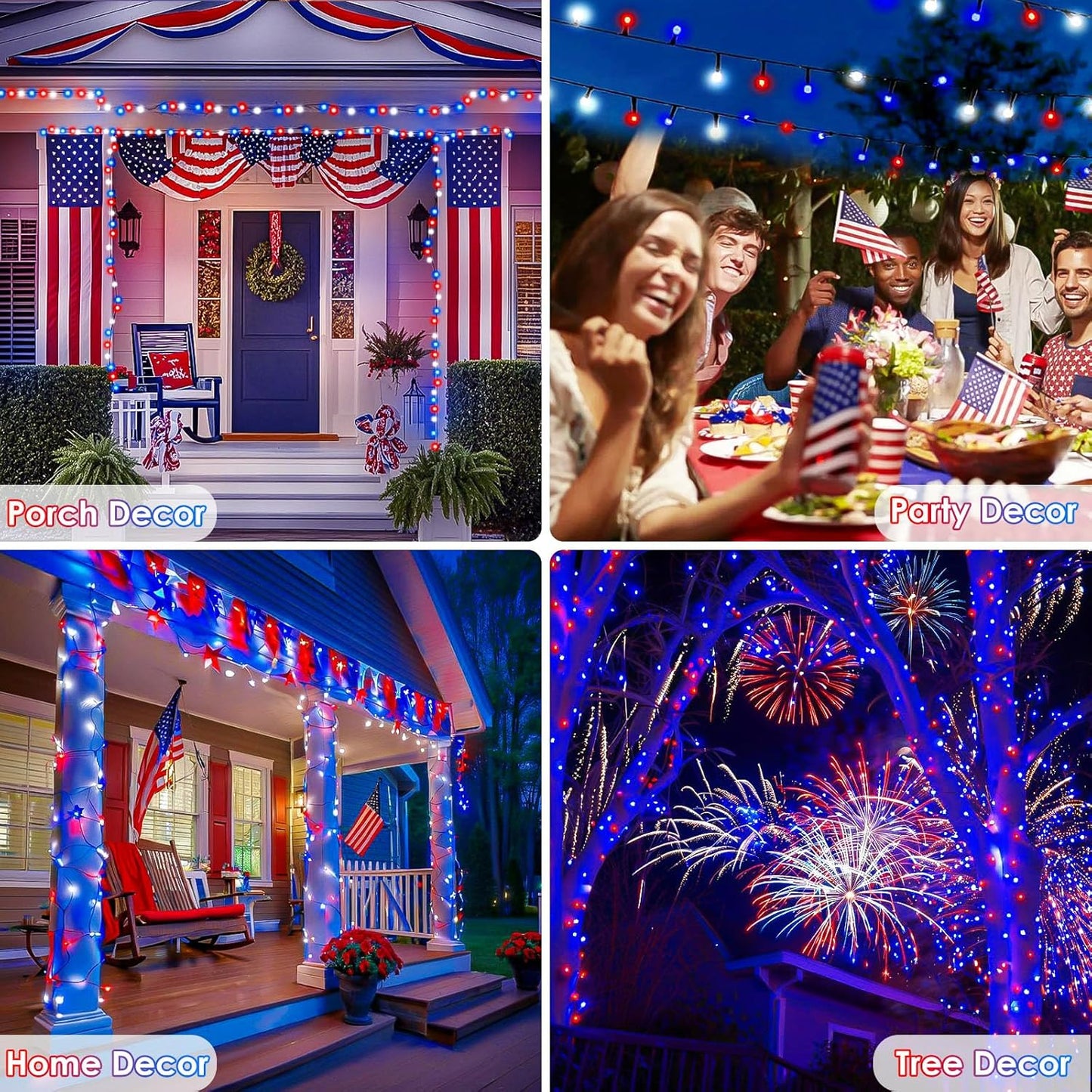 Skiennix 4th of July Outdoor Decorations - 4pk Red, White & Blue Solar String Lights | 400 LEDs, 132FT, Waterproof