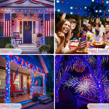 Skiennix 4th of July Outdoor Decorations - 4pk Red, White & Blue Solar String Lights | 400 LEDs, 132FT, Waterproof