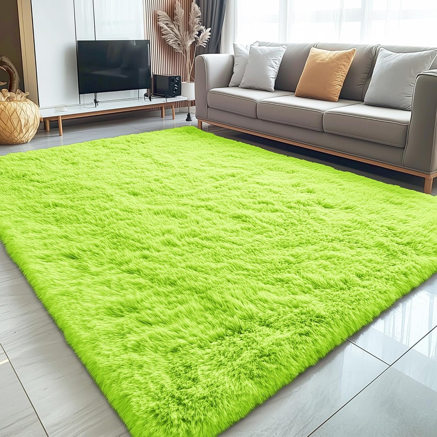 OLANLY Large 5x7 Machine Washable Area Rug - Soft Fluffy Shaggy Carpet for Living Room & Bedroom | Lime Green