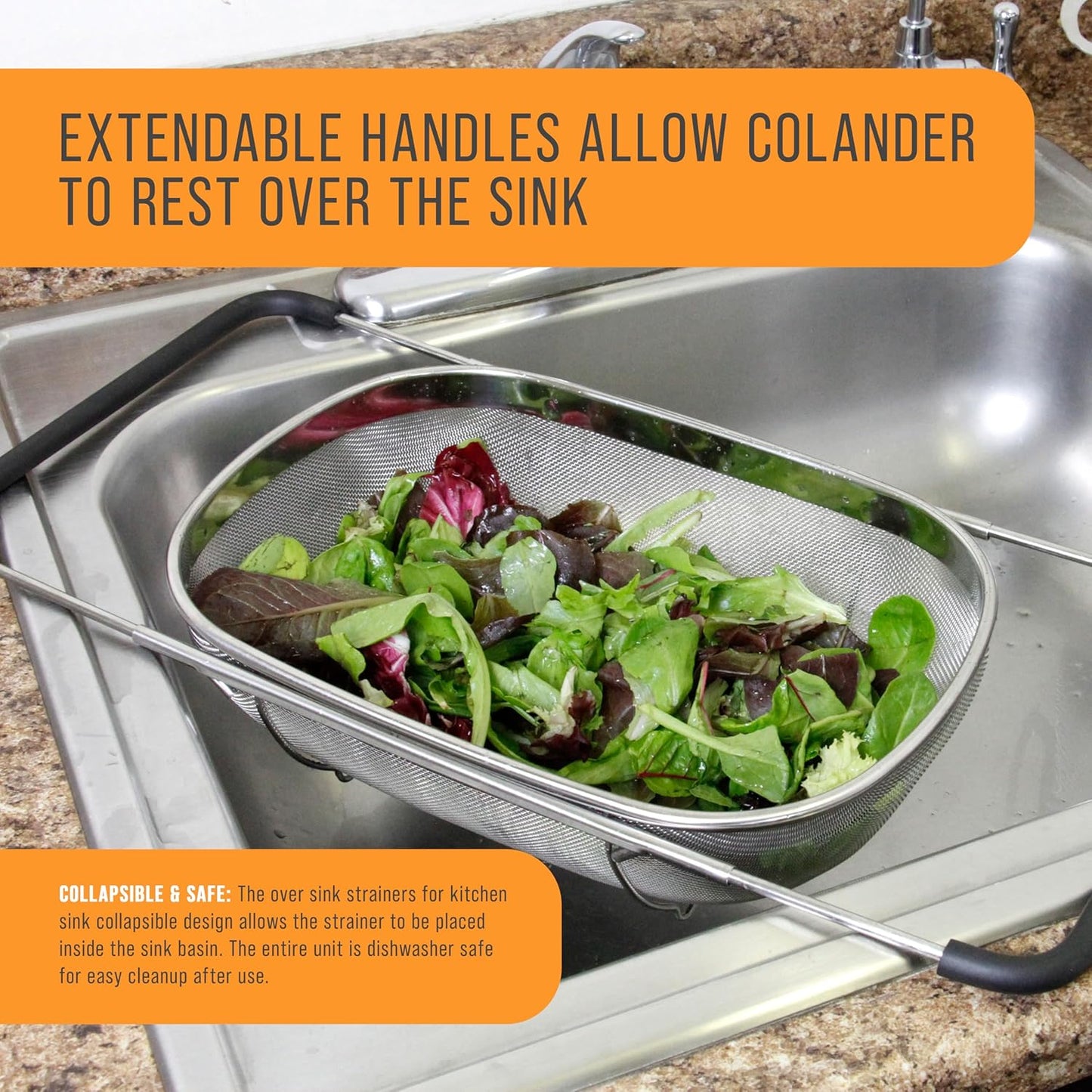 U.S. Kitchen Supply Stainless Steel Colander - 6-Quart Collapsible Design with Expandable Rubber Handles