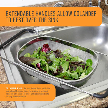 U.S. Kitchen Supply Stainless Steel Colander - 6-Quart Collapsible Design with Expandable Rubber Handles