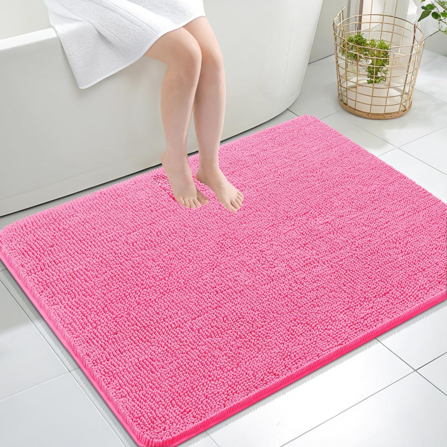 OLANLY Large Bath Rugs - Extra Soft Chenille with Rubber Backing | Quick Dry & Machine Washable - Hot Pink 40x32
