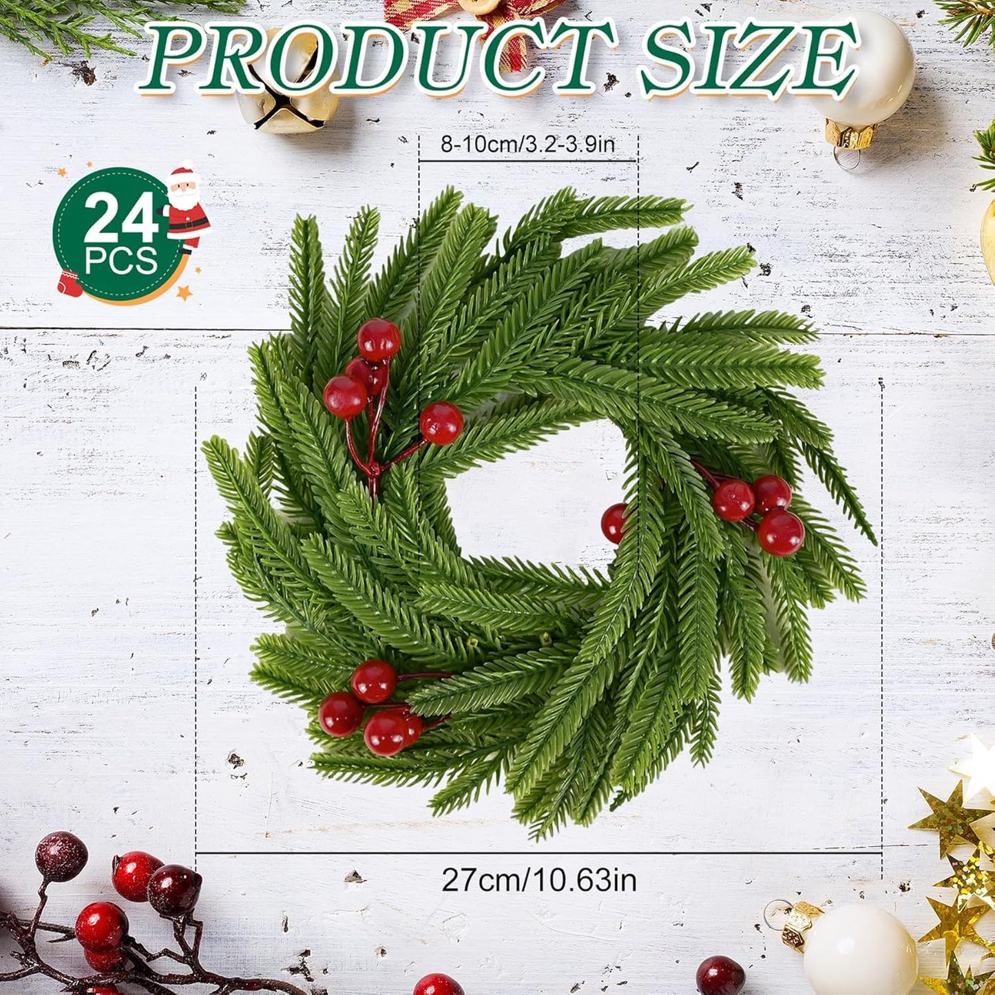 Norfolk Pine Christmas Candle Rings - 24 Pcs Artificial Wreaths with Red Berries for Holiday Decor