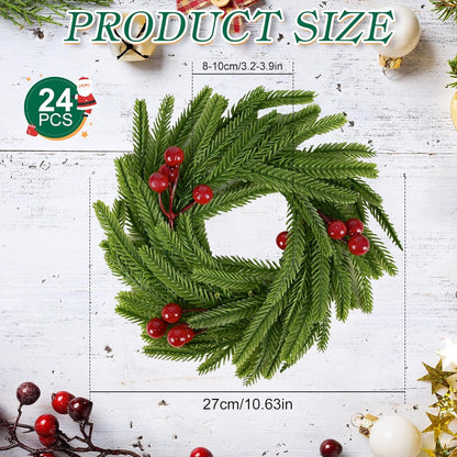 Norfolk Pine Christmas Candle Rings - 24 Pcs Artificial Wreaths with Red Berries for Holiday Decor