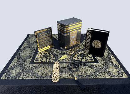 SAIKA Muslim Prayer Rug, Islamic Gift Set, Velvet Full Arabic Quran, Elegant Kaaba Design Box, Ayat El Kursi Table Top, Prayer Beads, Bookmark, Janamaz, Salah Mat (KAABA)