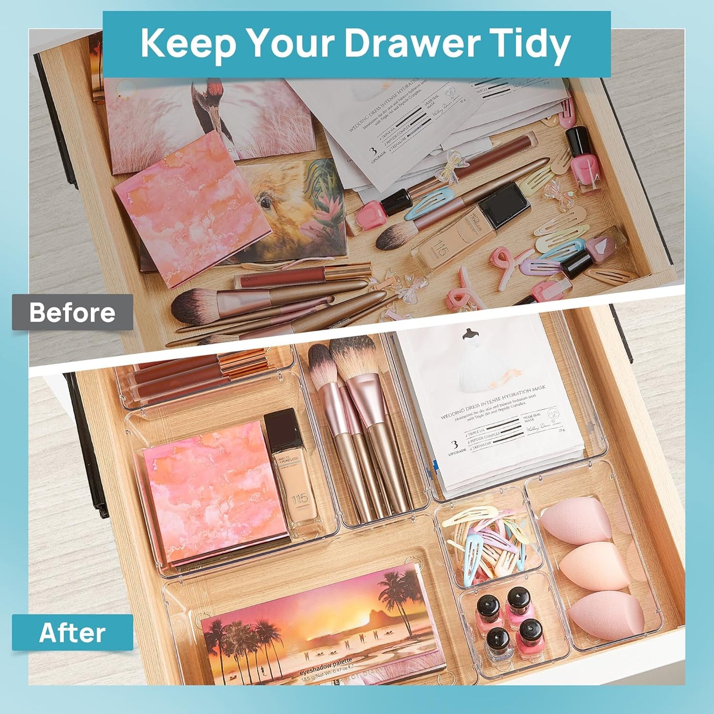 Vtopmart Clear Plastic Drawer Organizers Set - 25 PCS Versatile Storage Bins for Makeup, Bathroom & Kitchen