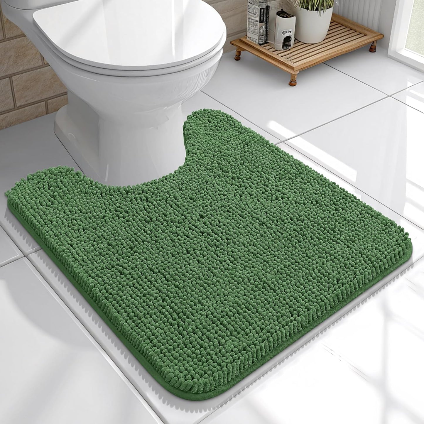 OLANLY U-Shaped Toilet Rugs - Extra Soft, Absorbent Chenille Bathroom Mat | 20x20, Olive Green, Non-Slip
