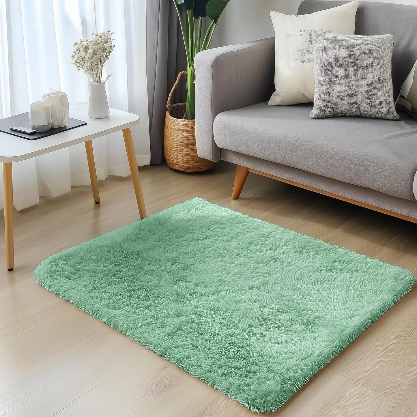 OLANLY Soft Fluffy Shaggy Bedside Rug - Machine Washable 2x3 Mint Green for Bedroom & Nursery Decor