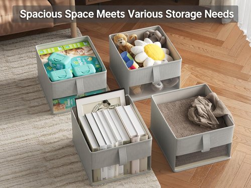 Foldable Storage Bins by [Brand Name] - Breathable Fabric Organizers with Clear Window | 3-Pack Gray, 11.5x8.75x6.5in for Closet, Toys & More
