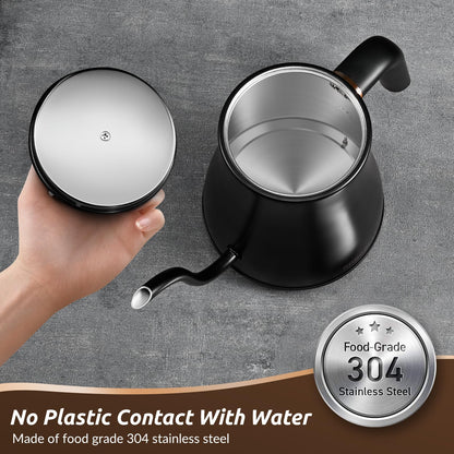 RONGBEST Electric Gooseneck Kettle, 1200W, 6 Temperature Settings, Stainless Steel Inner Lid & Bottom, 1L Quick Heating Pour Over Kettle for Coffee & Tea, Matte Black