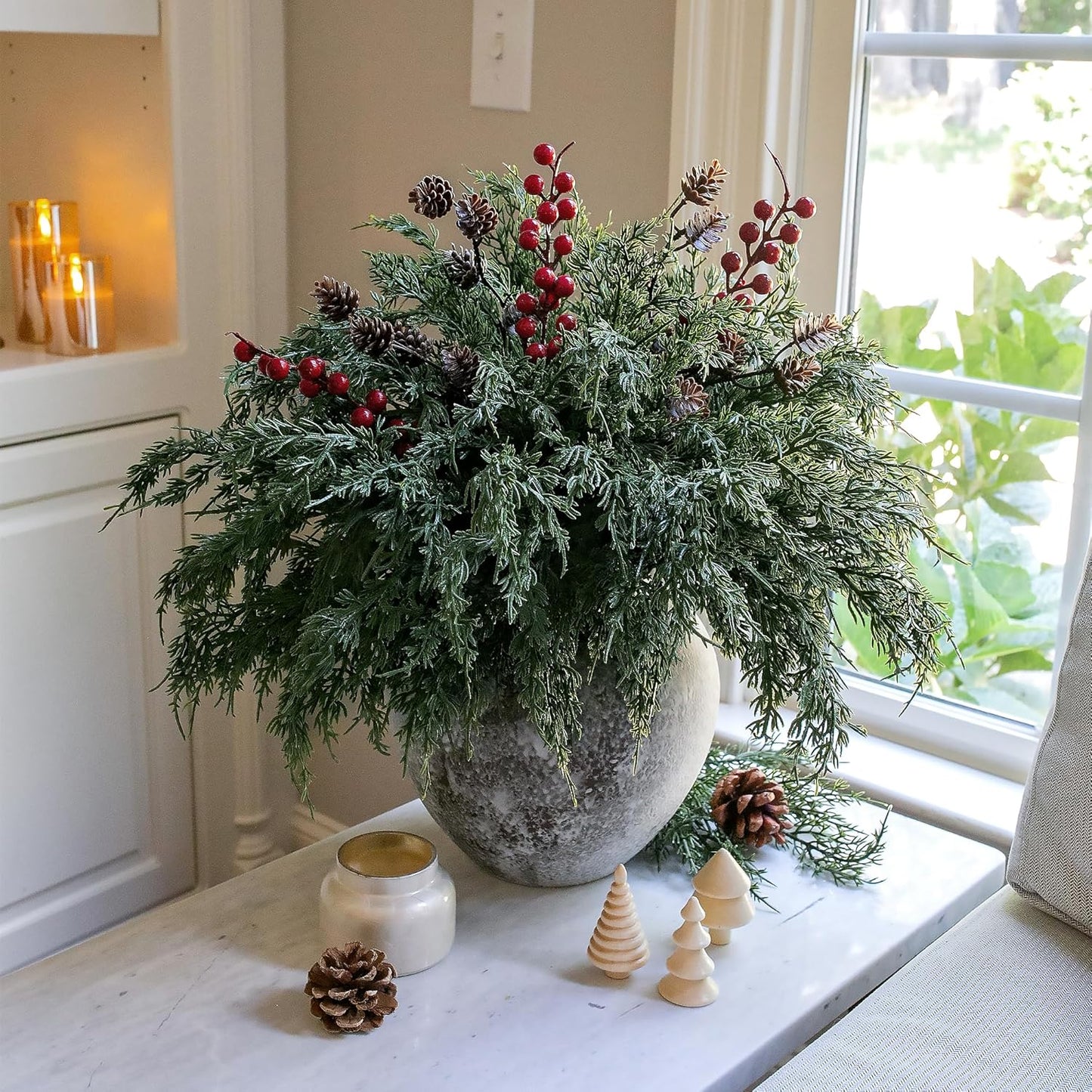 Skiennix Faux Cedar Stems - 17 PCS Artificial Norfolk Pine Branches with Pinecones & Red Berries for Christmas Decor
