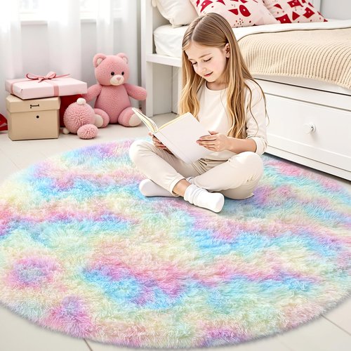 OLANLY Rainbow Round Rugs for Bedroom - Machine Washable, 4x4 Feet Circle Area Rugs for Living Room, Soft and Fluffy Shaggy Carpet for Teen Girls and Boys, Nursery Rooms, Dorms, Home Decor Aesthetic