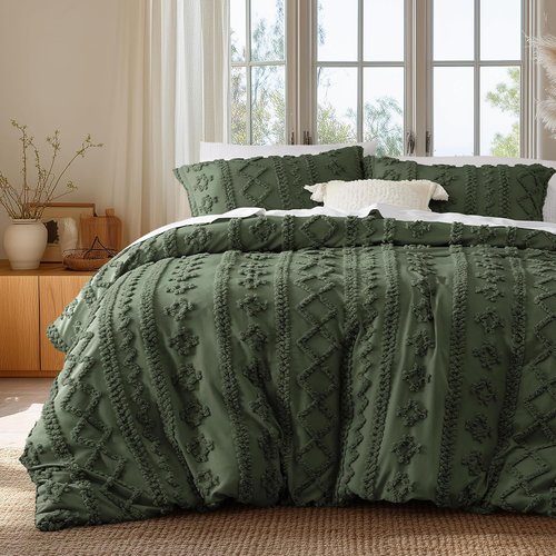 Bedsure Boho Duvet Cover - Soft & Comfortable Queen Size Bedding Set in Olive Green | Machine Washable Design