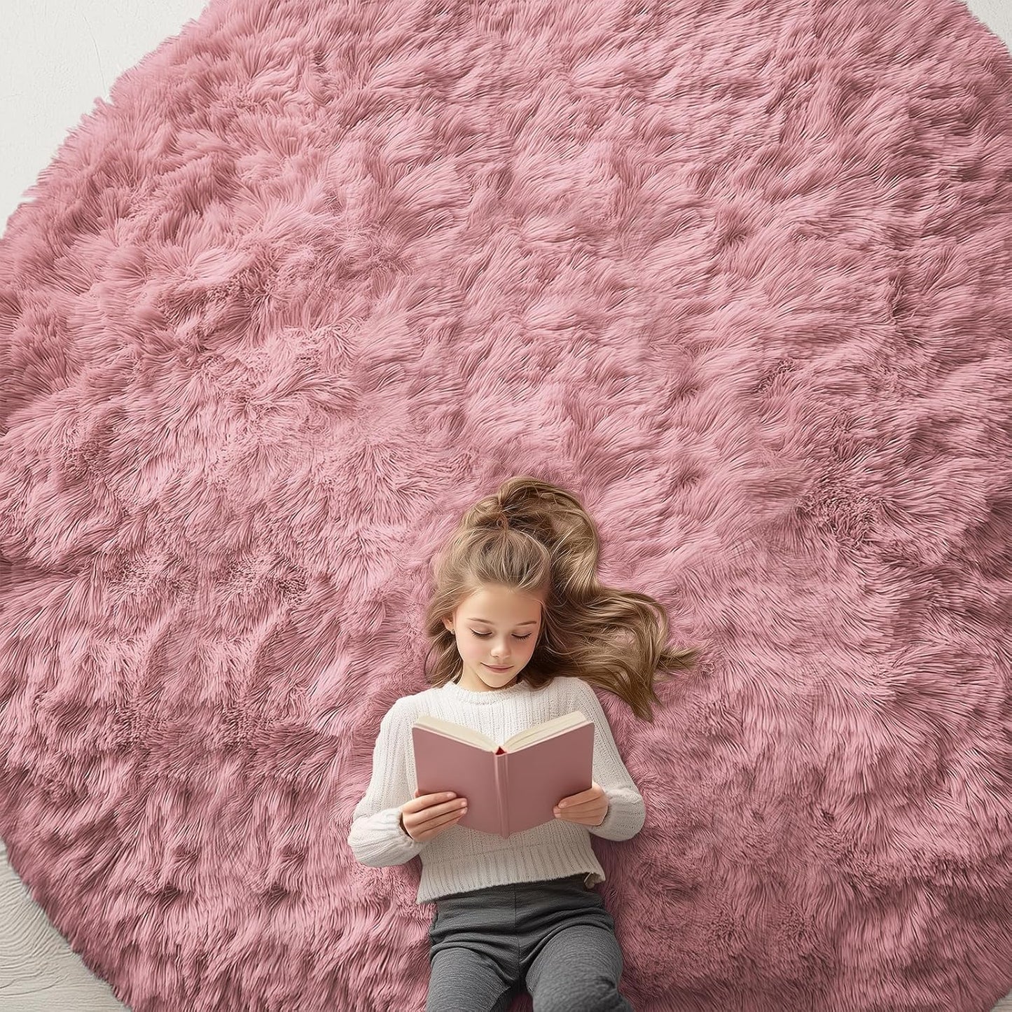 OLANLY Round Pink Area Rug - Soft, Fluffy, Machine Washable 9 ft Circle Carpet for Bedroom & Nursery Decor