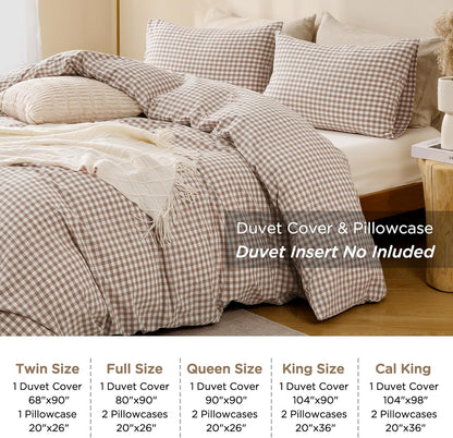 TOCOMOA Tan Gingham Duvet Cover Set - 100% Washed Cotton, Super Soft & Comfy | Queen Size (90"x90")