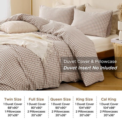 TOCOMOA Tan Gingham Duvet Cover Bedding Set 100% Washed Cotton Like Linen Feel Super Soft Comfy 3 Piece Brown Vintage Plaid Checkered Fall Comforter Cover Set (Queen 90"x90", Comforter Not Included)