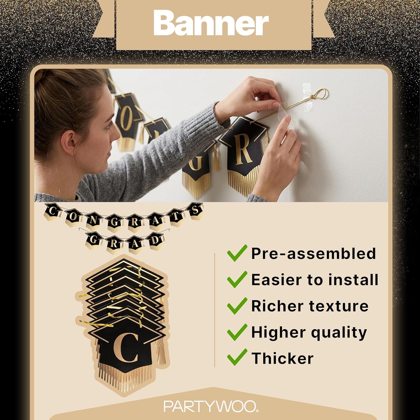 PartyWoo Graduation Decorations - Class of 2026 Black & Gold 19-Piece Set with Banner & Balloons