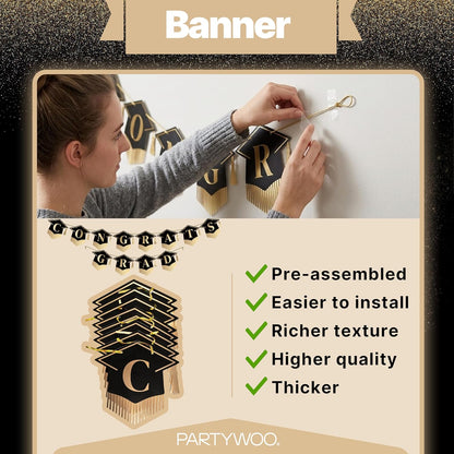 PartyWoo Graduation Decorations - Class of 2026 Black & Gold 19-Piece Set with Banner & Balloons
