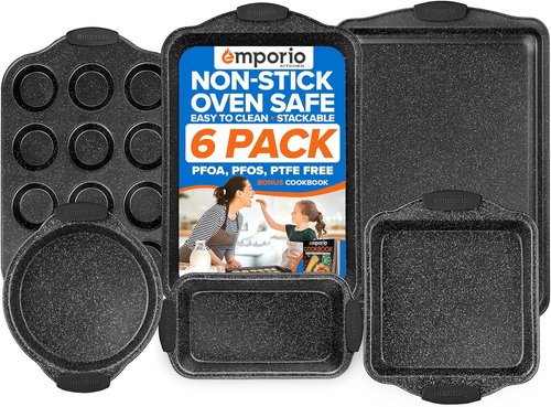 Emporio Kitchen Nonstick Baking Pan Set - Carbon Steel Bakeware with Red Silicone Handles | Oven Safe Up to 450°F, Set of 6 - Black
