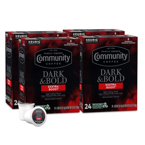 Community Coffee Dark & Bold Extra Boost Coffee Pods - 96 Count for Keurig 2.0 | Rich Flavor & Convenience