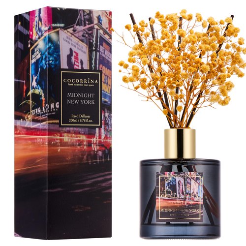 COCORRÍNA Reed Diffuser - Midnight New York 6.7 Fl.oz Reed Diffuser Set with 8 Sticks & Preserved Baby's Breath, Reed Diffuser for Home Bathroom Shelf Decor