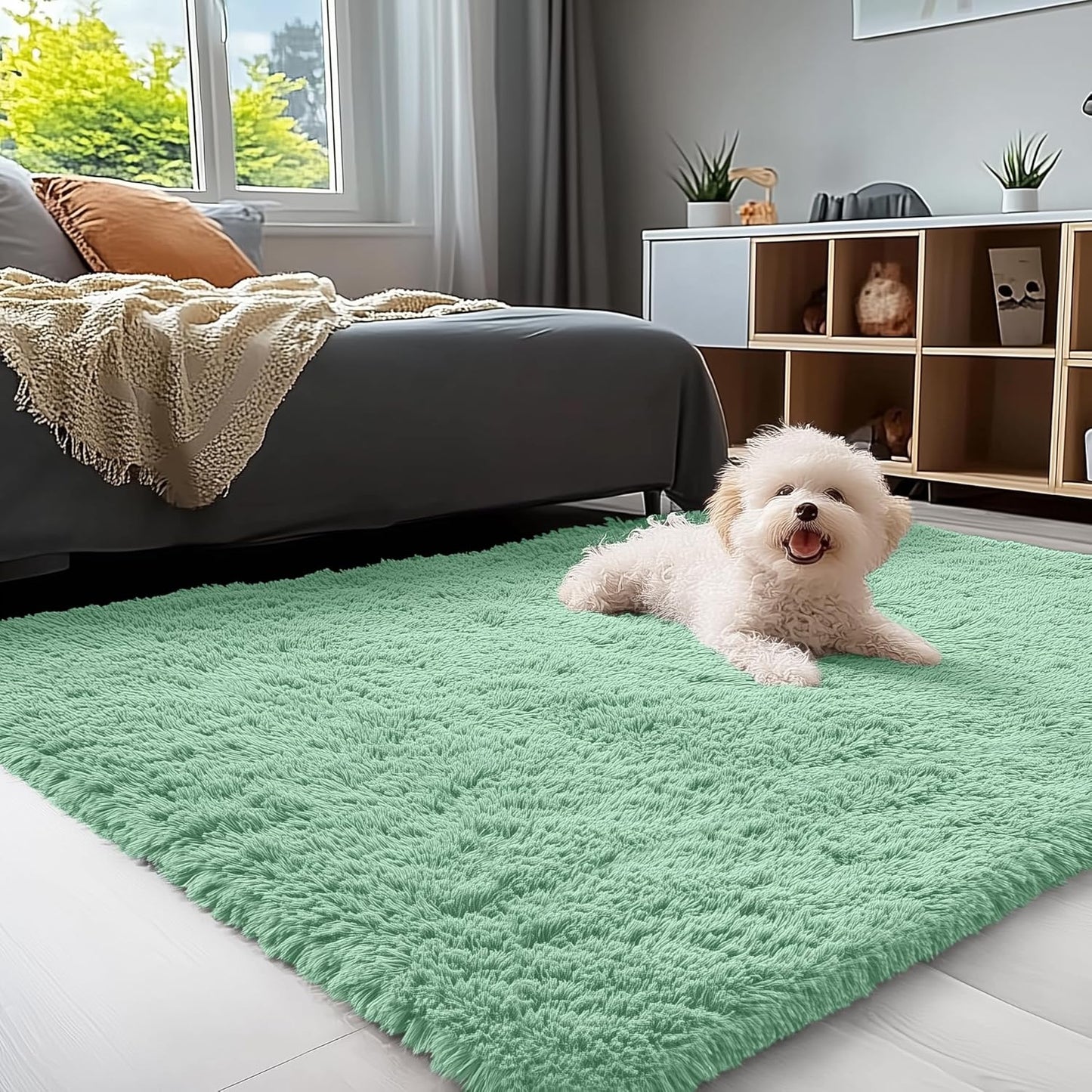 OLANLY Soft Fluffy Shaggy 3x5 Bedside Rug - Machine Washable Indoor Carpet in Mint Green for Kids & Nursery
