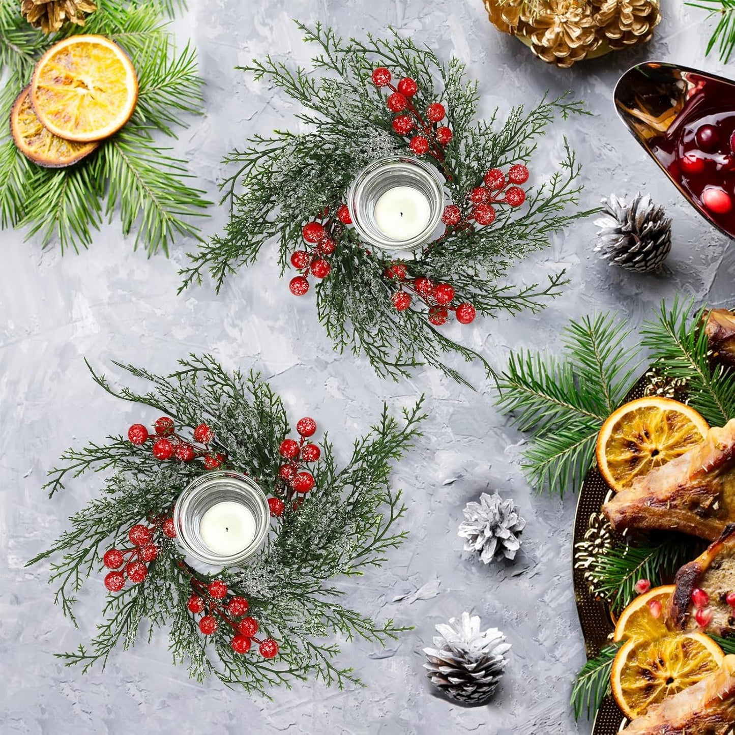 Regine Switzerland Christmas Candle Rings - 6 Pcs Artificial Wreaths with Red Berries & Snowy Pine for Festive Table Centerpieces