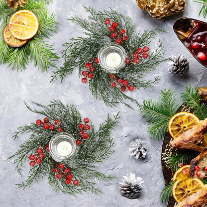 Regine Switzerland Christmas Candle Rings - 6 Pcs Artificial Wreaths with Red Berries & Snowy Pine for Festive Table Centerpieces