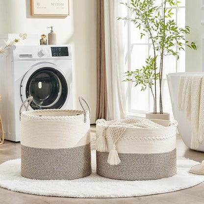 KAKAMAY Large Woven Blanket Basket - Cotton Rope Storage Hamper for Baby Laundry & Toys | White/Beige