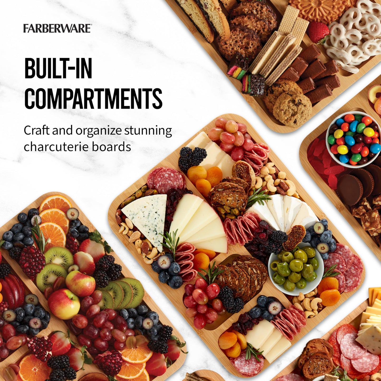 Farberware Build-A-Board Bamboo Cutting Board with Built-in Compartments and Clear Locking Lid with Blue Handles, Perfect for Charcuterie, Snacks, and More - Make it. Take it. Enjoy it, 11x14 Inches