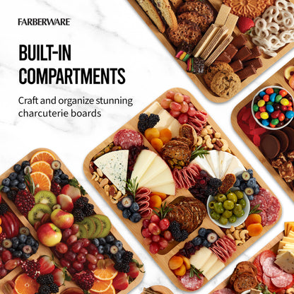 Farberware Build-A-Board Bamboo Cutting Board with Built-in Compartments and Clear Locking Lid with Blue Handles, Perfect for Charcuterie, Snacks, and More - Make it. Take it. Enjoy it, 11x14 Inches