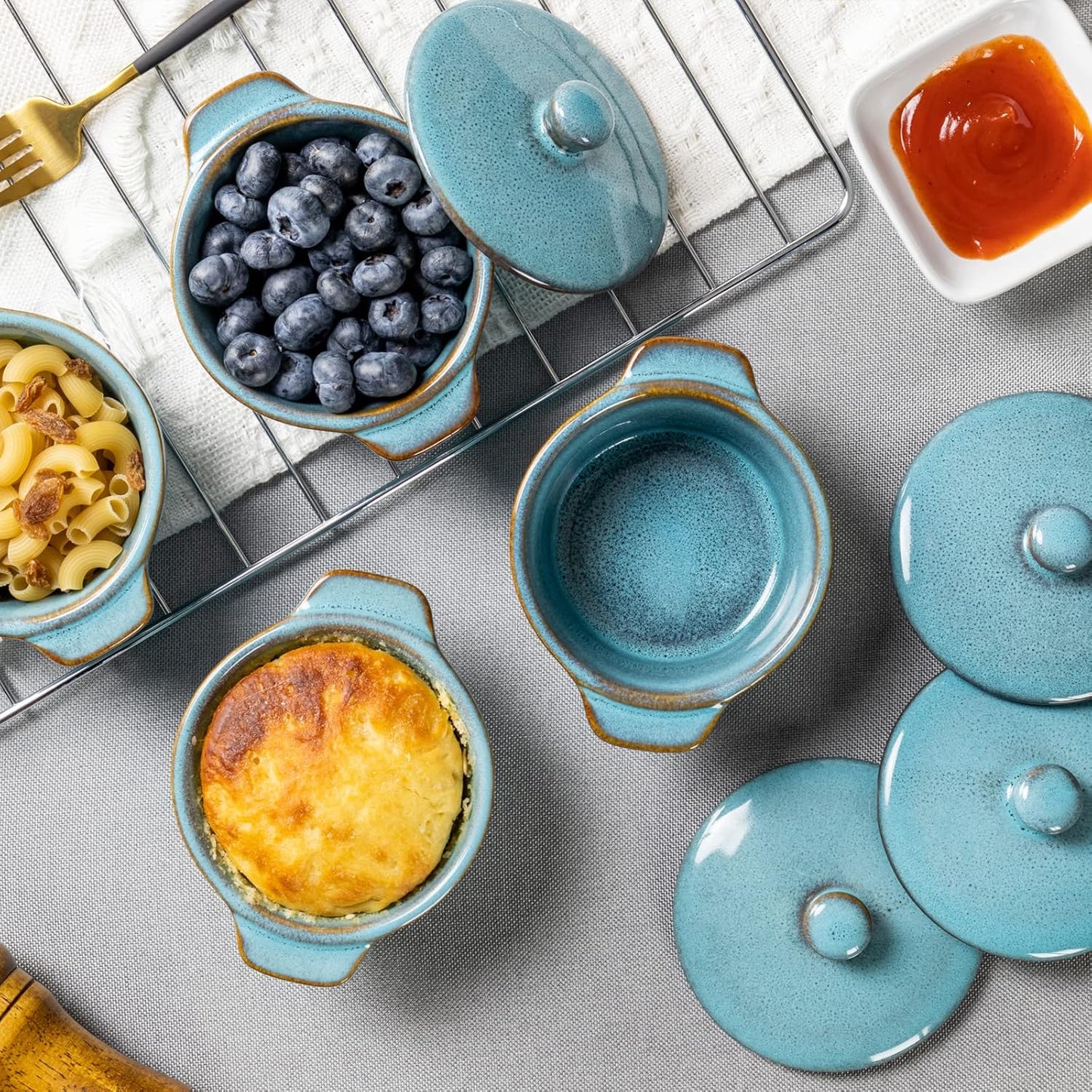 Regine Switzerland 8 oz Creme Brulee Ramekins - Oven Safe Mini Casserole Dishes Set of 4 in Reactive Blue