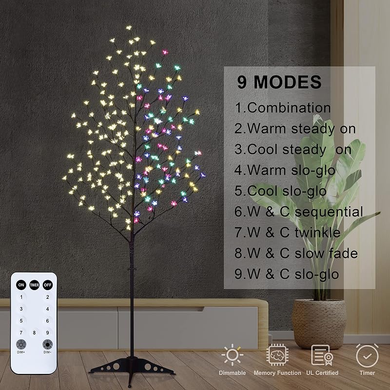Lightshare 3-Tree LED Cherry Blossom Set - 4ft 5ft 6ft Lighted Trees with Remote, Multicolor